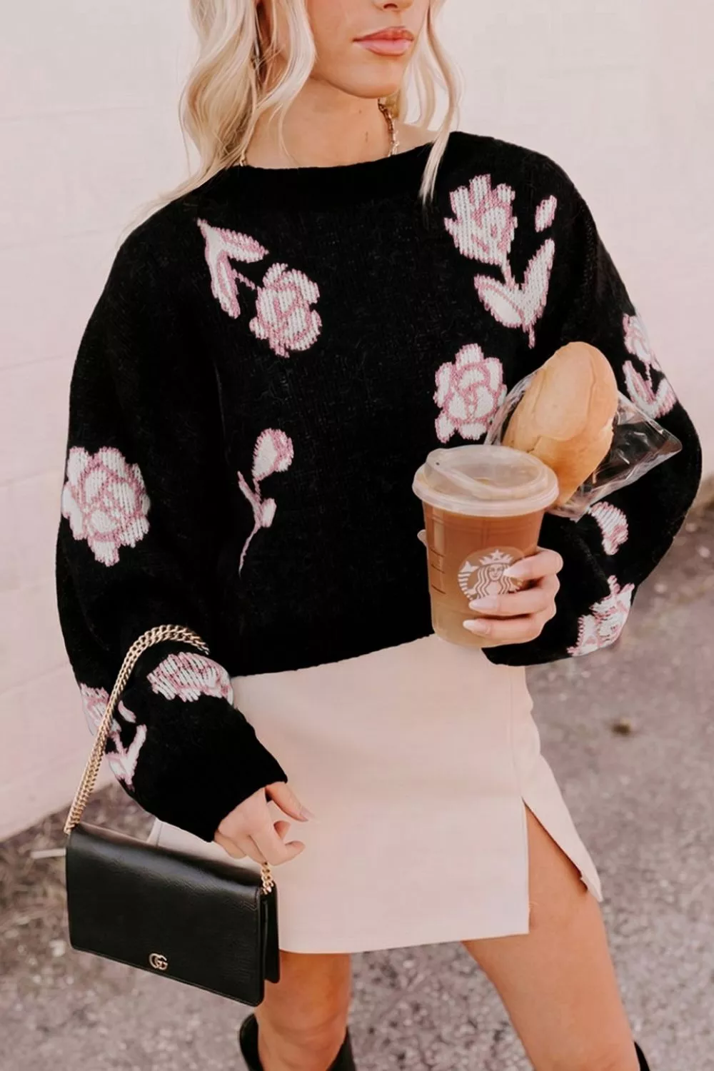 Floral Pattern Puff Sleeve Dropped Shoulder Pullover Sweater, image 5