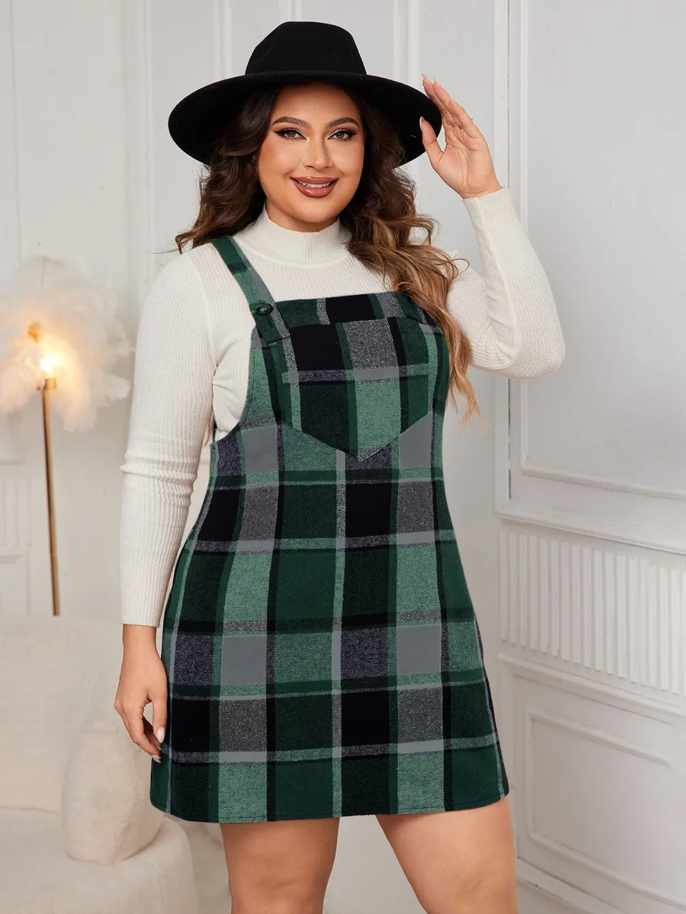 Plus Size Plaid Wide Strap Overall Dress, image 16
