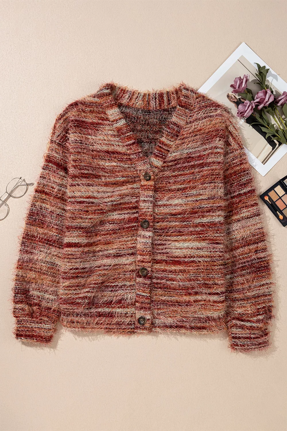 Fuzzy Striped Button Front Cardigan Sweater, image 8