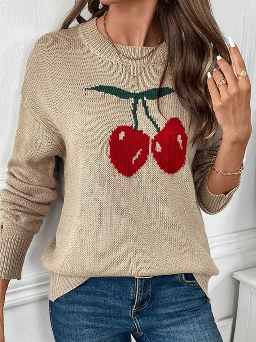 Cherry Round Neck Long Sleeve Sweater, image 5