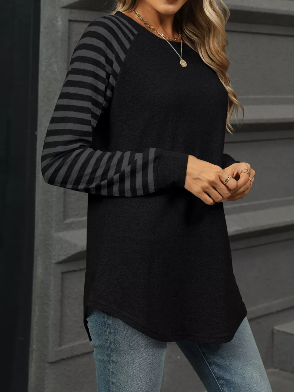 Striped Round Neck Raglan Sleeve T-Shirt, image 24