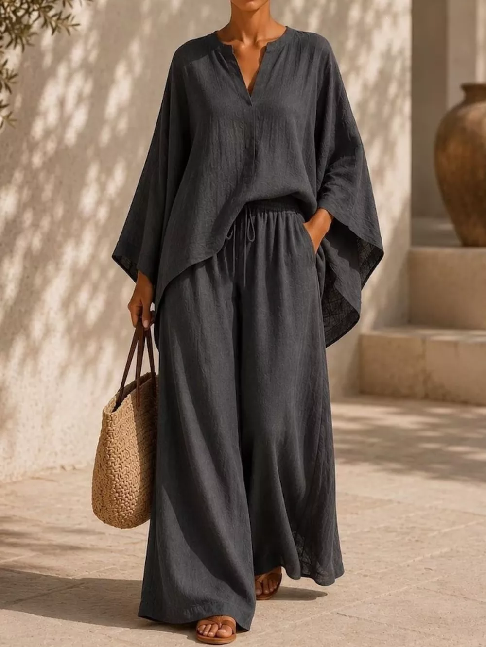 Full Size Notched Long Sleeve Top and Wide-Leg Pants Set Plus Size, image 9
