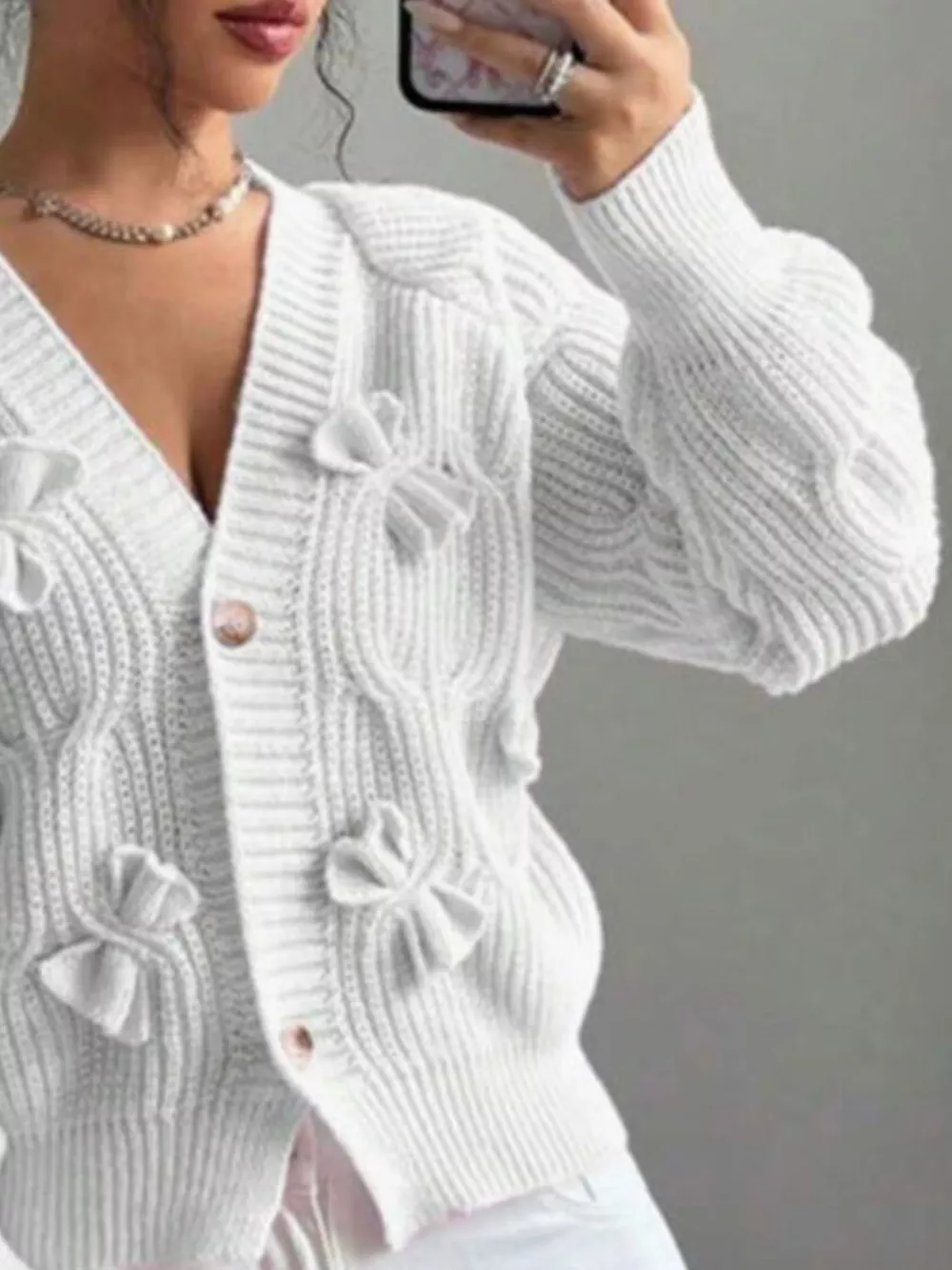 Bow Cable Knit V-Neck Cardigan, image 16