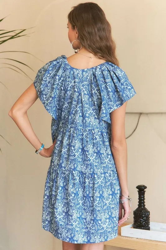 Printed V-Neck Ruffle Sleeve Mini Dress, image 4