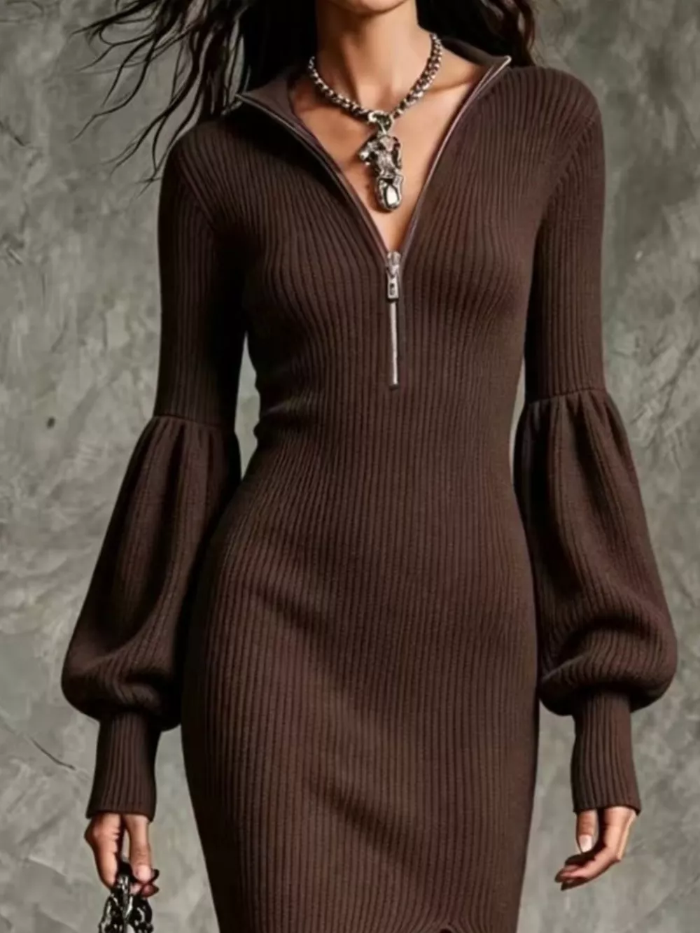 Ribbed Knit Quarter-Zip Lantern Sleeve Sweater Dress, image 11