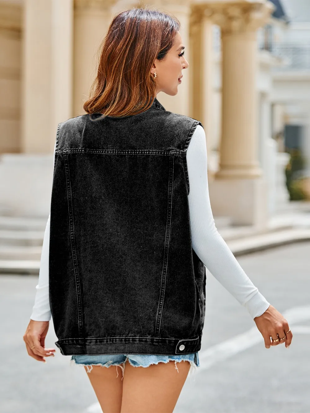 Pocketed Button Up Sleeveless Denim Jacket, image 8