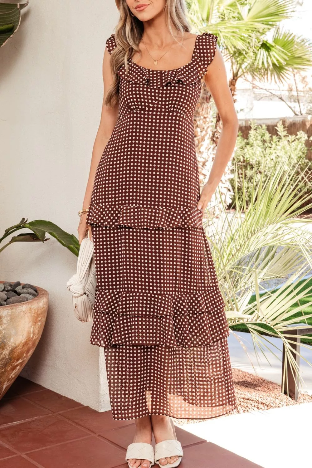 Polka Dot Print Backless Ruffled Tiered Maxi Dress, image 6