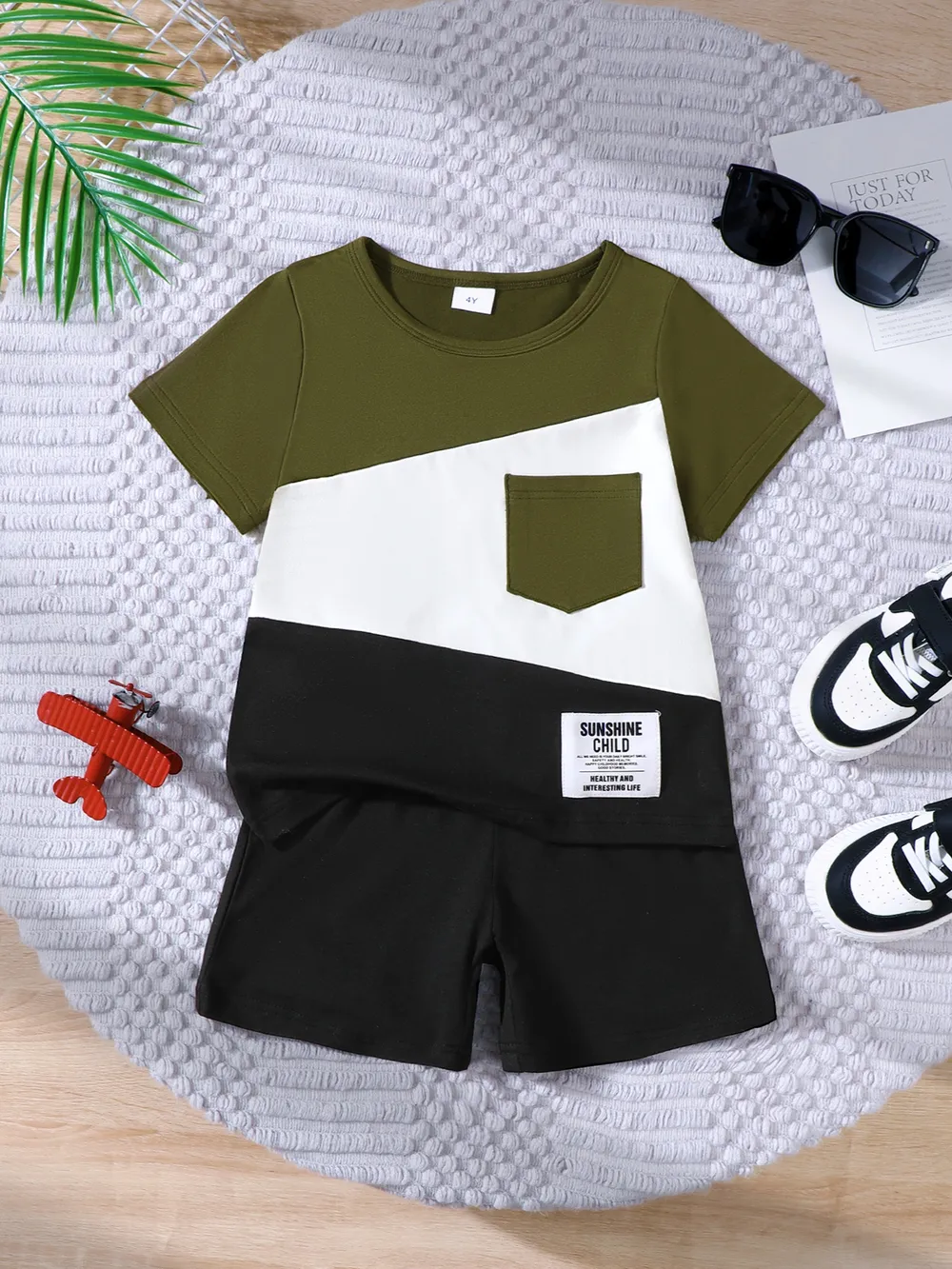 Children's Color Block Short Sleeve Top and Shorts Set