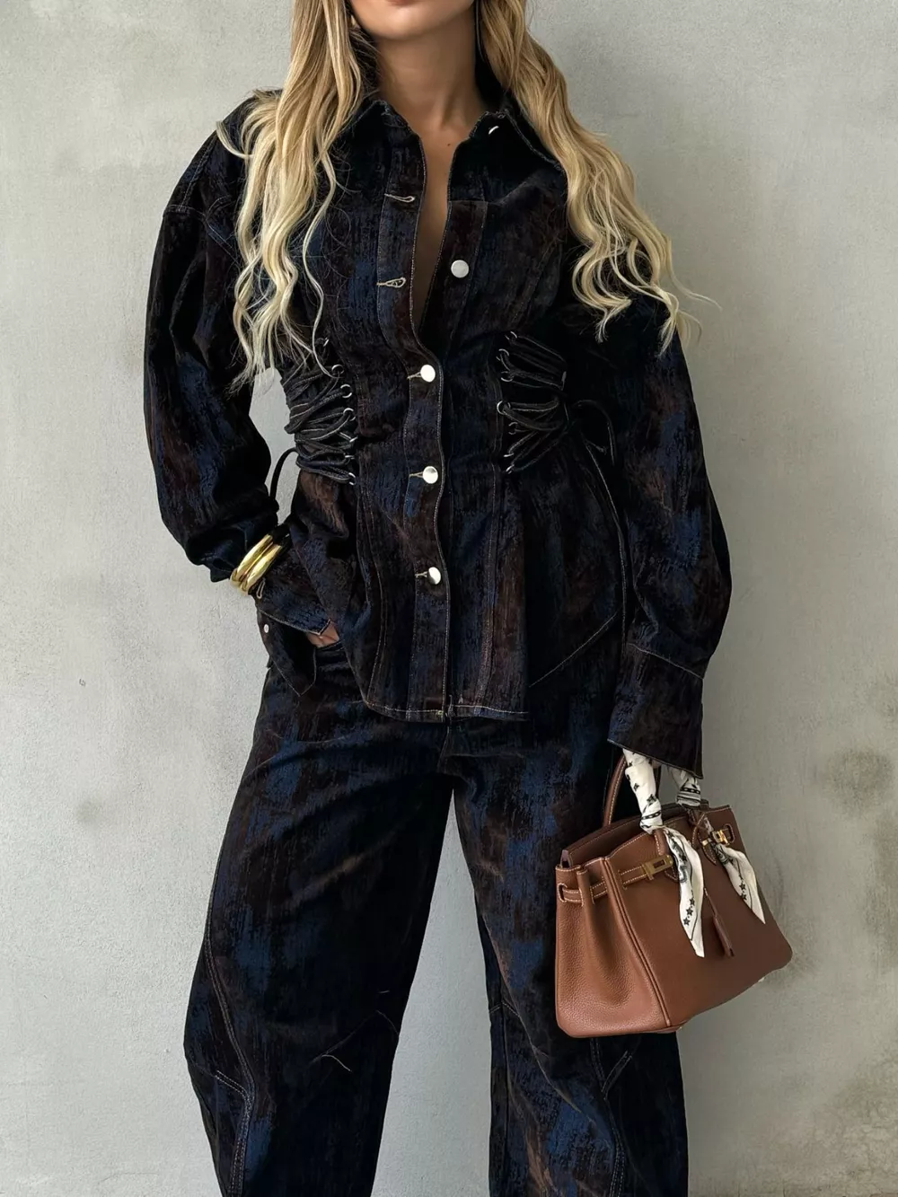Lace Up Button Up Jacket and Jeans Denim Set, image 8
