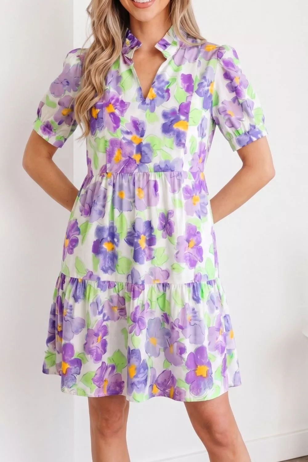 Floral V Collar Short Sleeve Tiered Ruffle Mini Dress, image 3