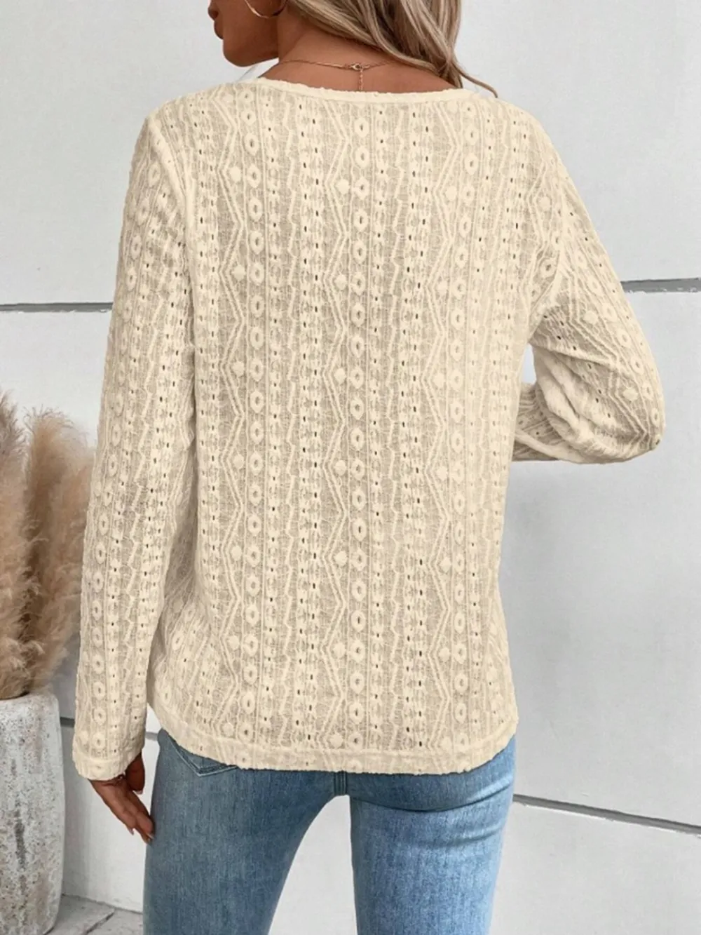 Openwork Half Button Long Sleeve Blouse, image 12