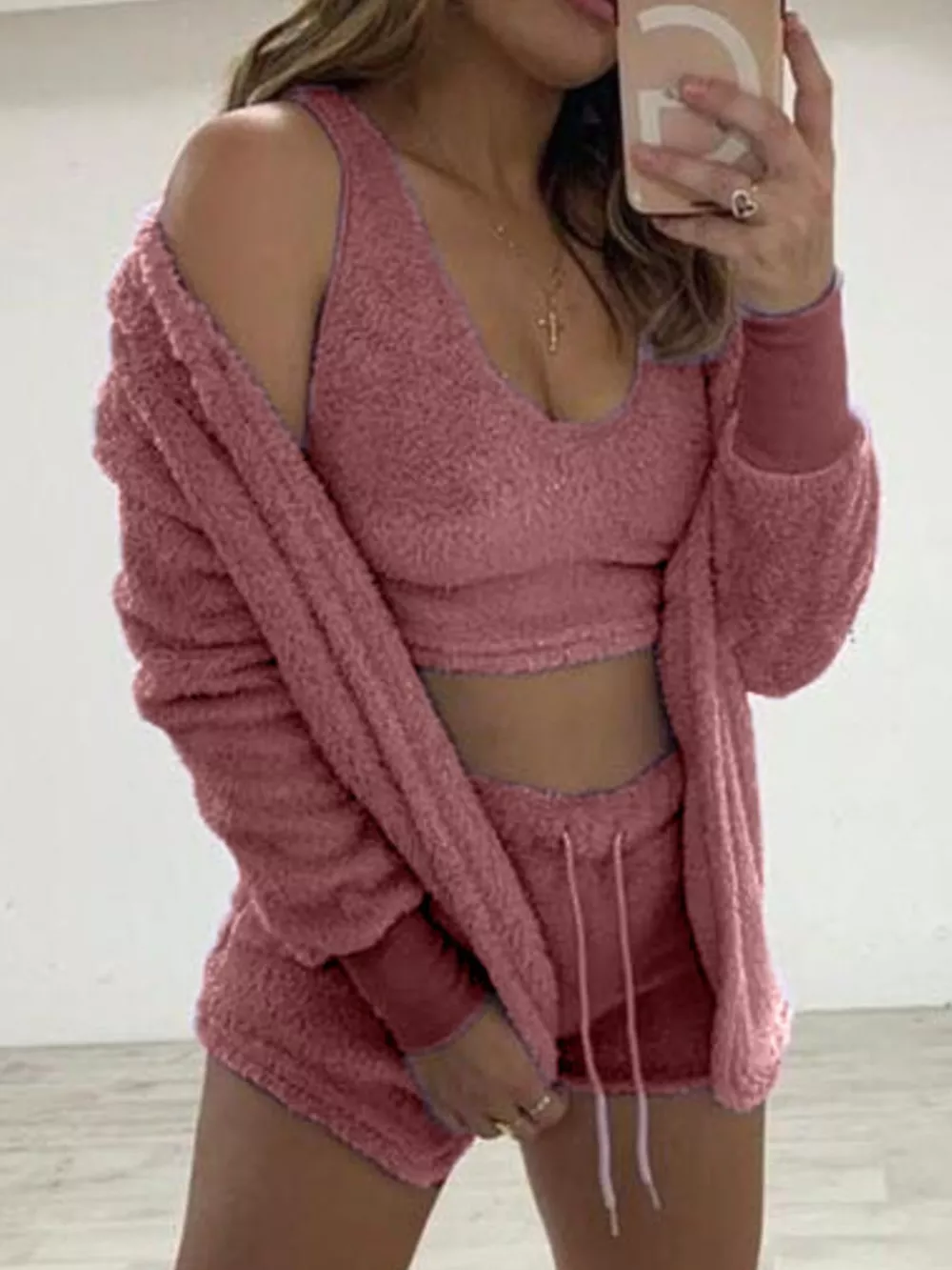 Full Size Fuzzy Tank & Cardigan and Shorts Three-Piece Set Plus Size, image 12