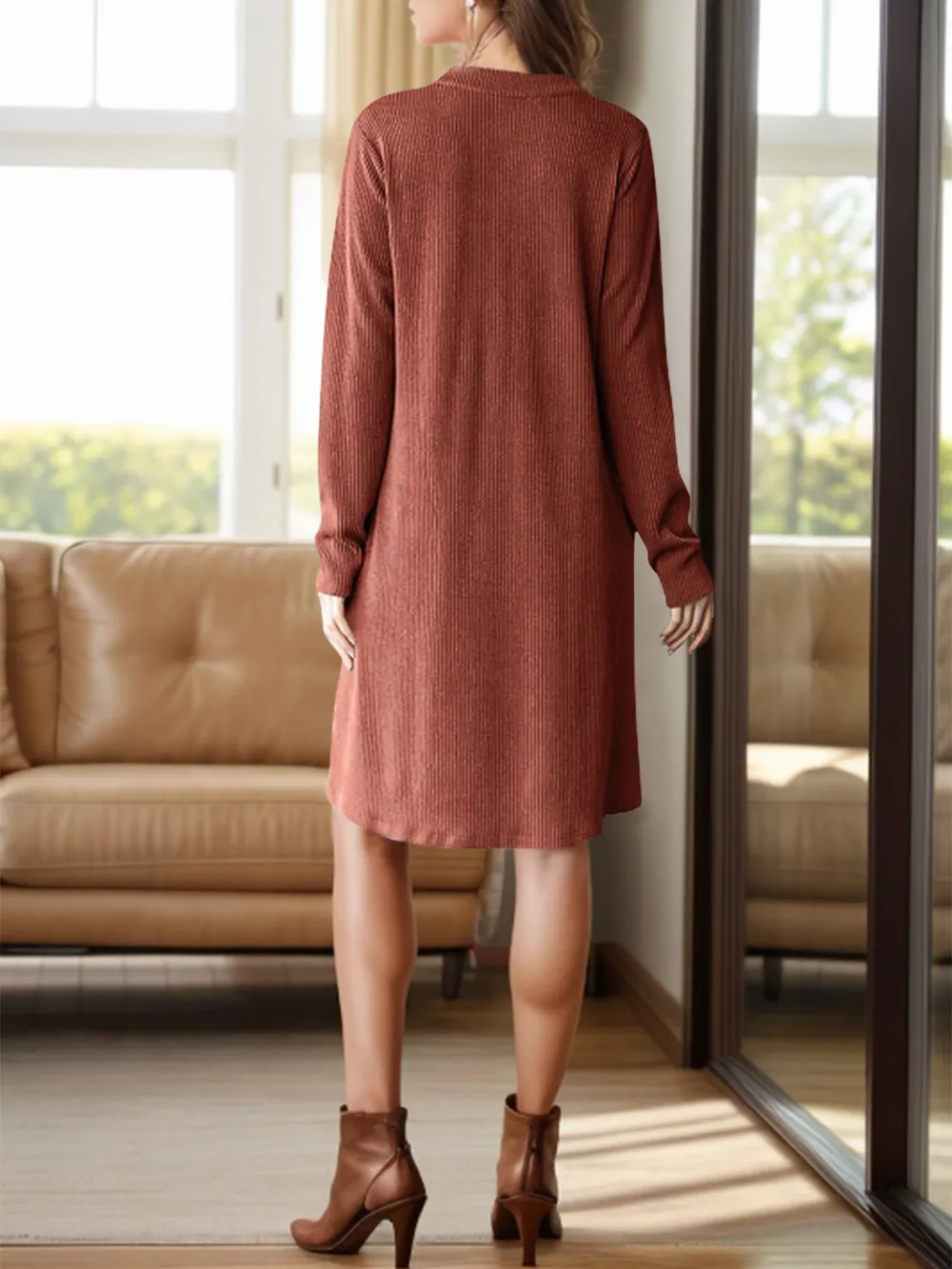 Notched Long Sleeve Mini Dress with Pockets, image 4