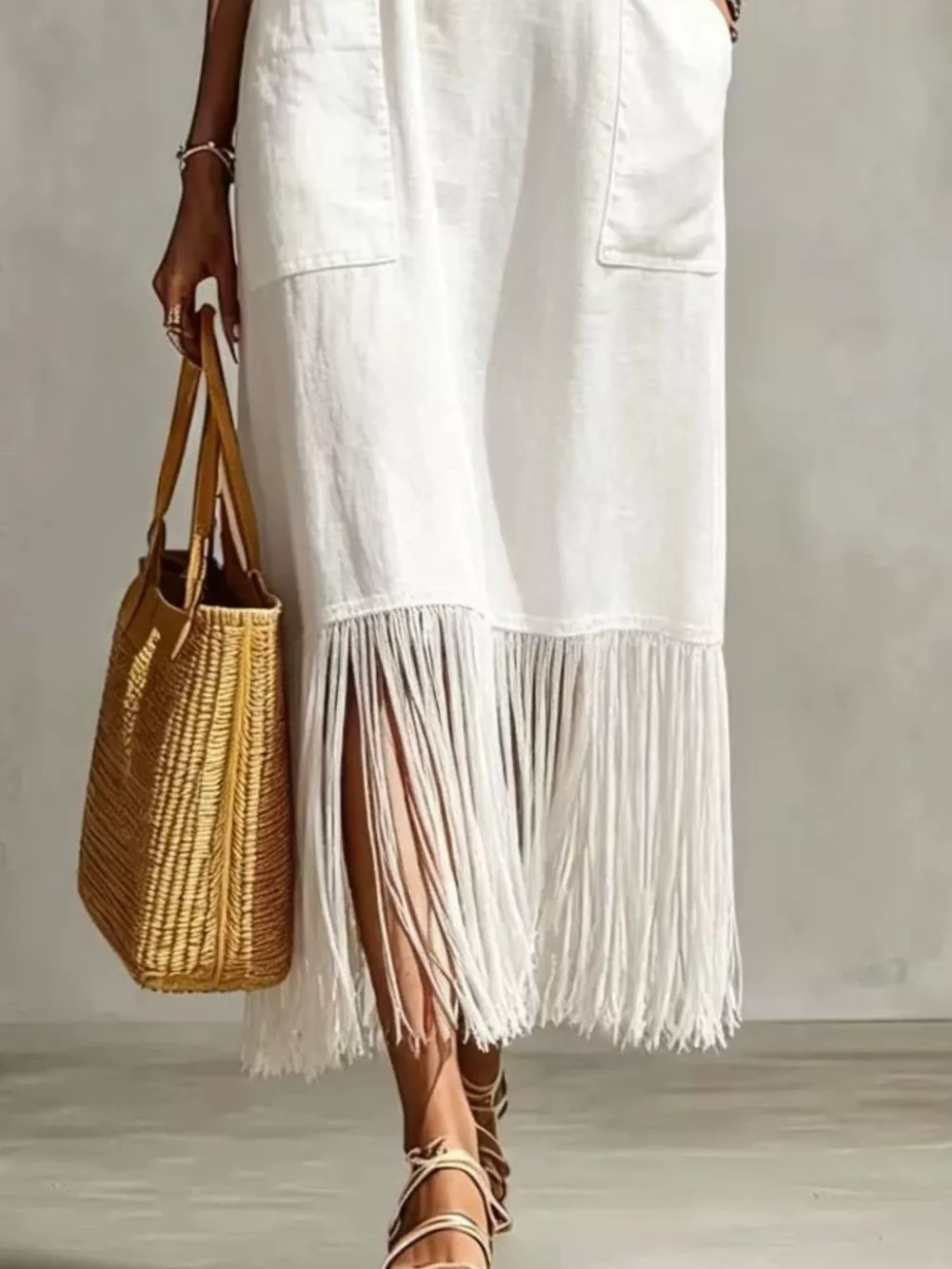 Full Size Fringe V-Neck Spaghetti Strap Dress Plus Size, image 3