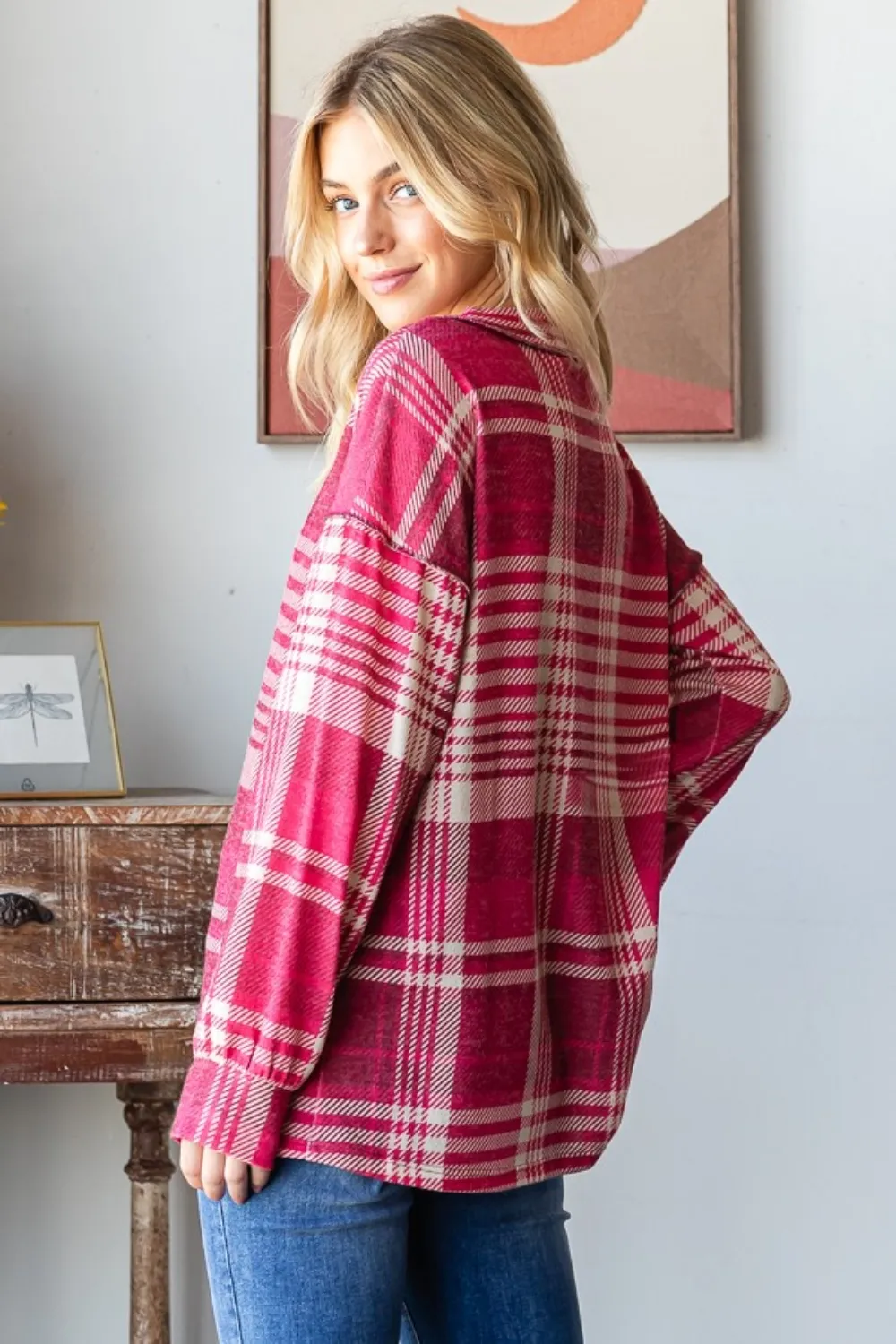 Plaid Drop Shoulder V-Neck T-Shirt, image 2