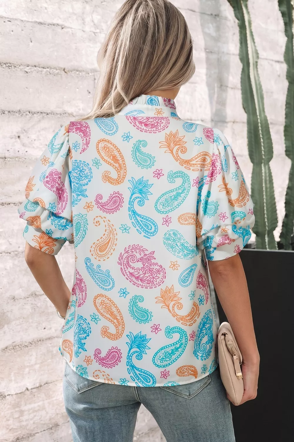 Multicolour Vibrant Paisley Printed Button Keyhole Puff Sleeve Blouse, image 3