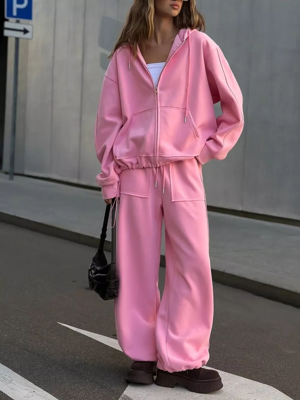Oversized Zip-Up Hoodie and Wide-Leg Pants Set, image 20