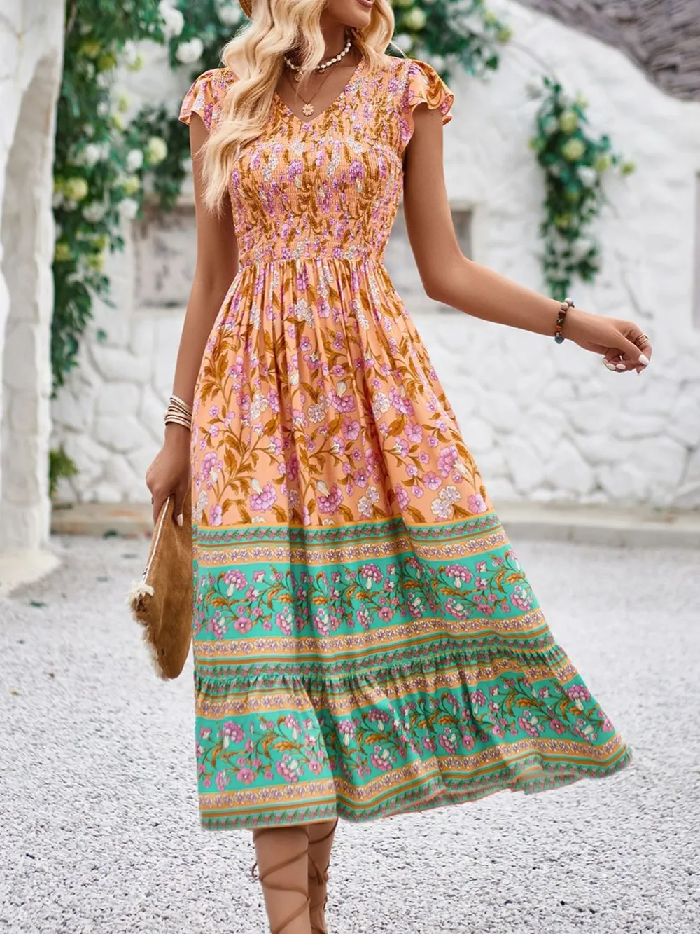 Printed Round Neck Cap Sleeve Dress, image 9