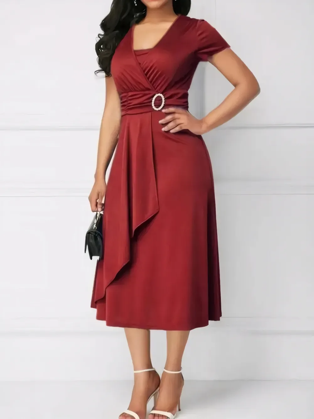 Short Sleeve Midi Wrap Dress with Belt Detail, image 11