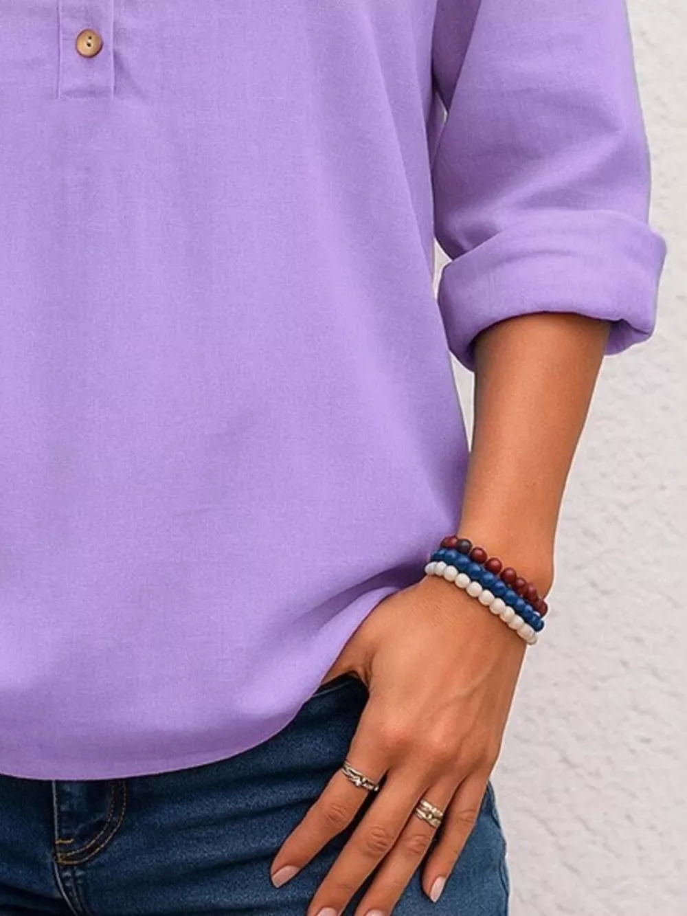 Full Size Button Detail Notched Long Sleeve Blouse Plus Size, image 14