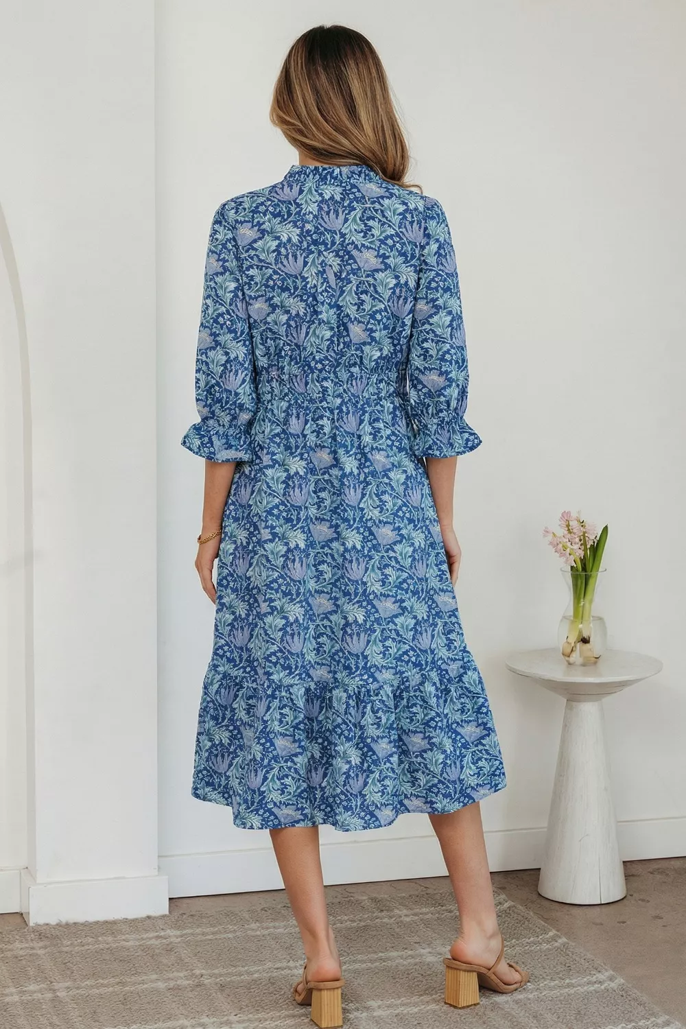 Floral Printed Frilled V Neck Bracelet Sleeve Long Dress, image 2