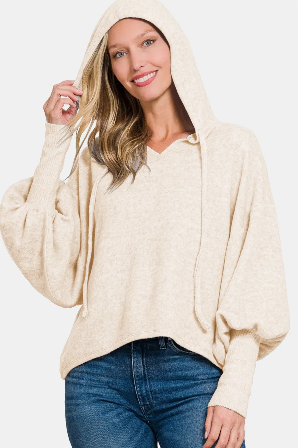 Brushed Hacci Drop Shoulder Cropped Hoodie, image 2