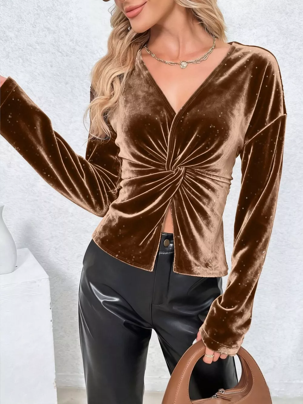 Velvet Twist-Front Long Sleeve T-Shirt, image 3