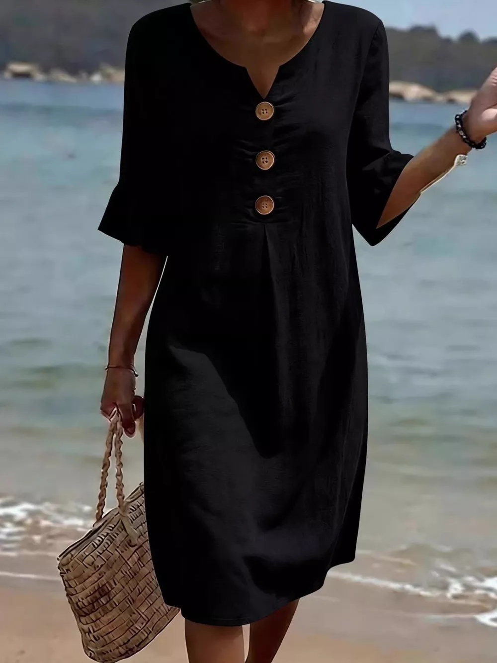 Full Size Button Decor Ruffle Sleeve Midi Dress Plus Size, image 3