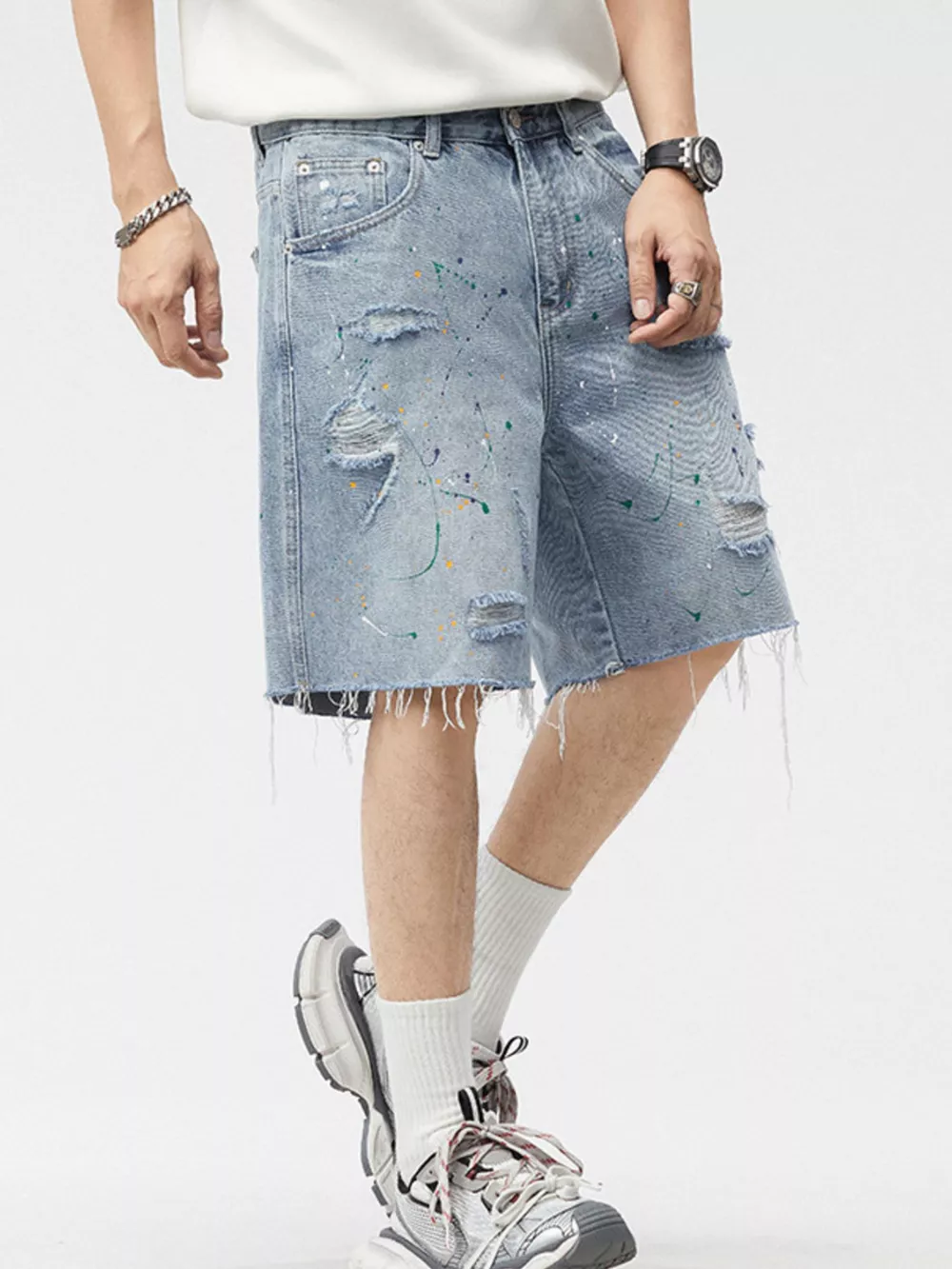 Men's Distressed Paint Splatter Denim Shorts, image 6