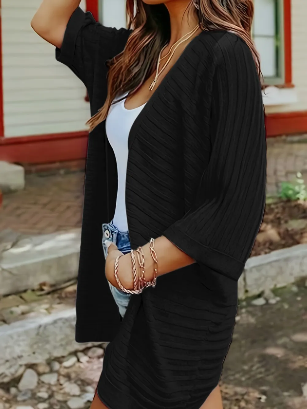 Striped Open Front Knit Cardigan, image 14