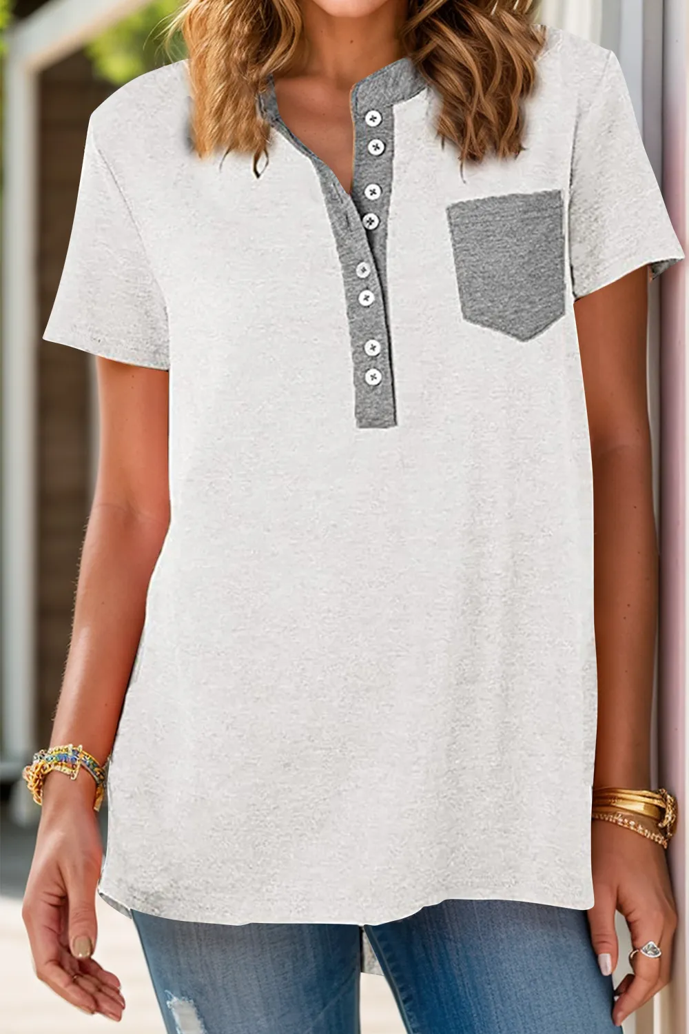 Full Size Half Button Short Sleeve T-Shirt, image 10