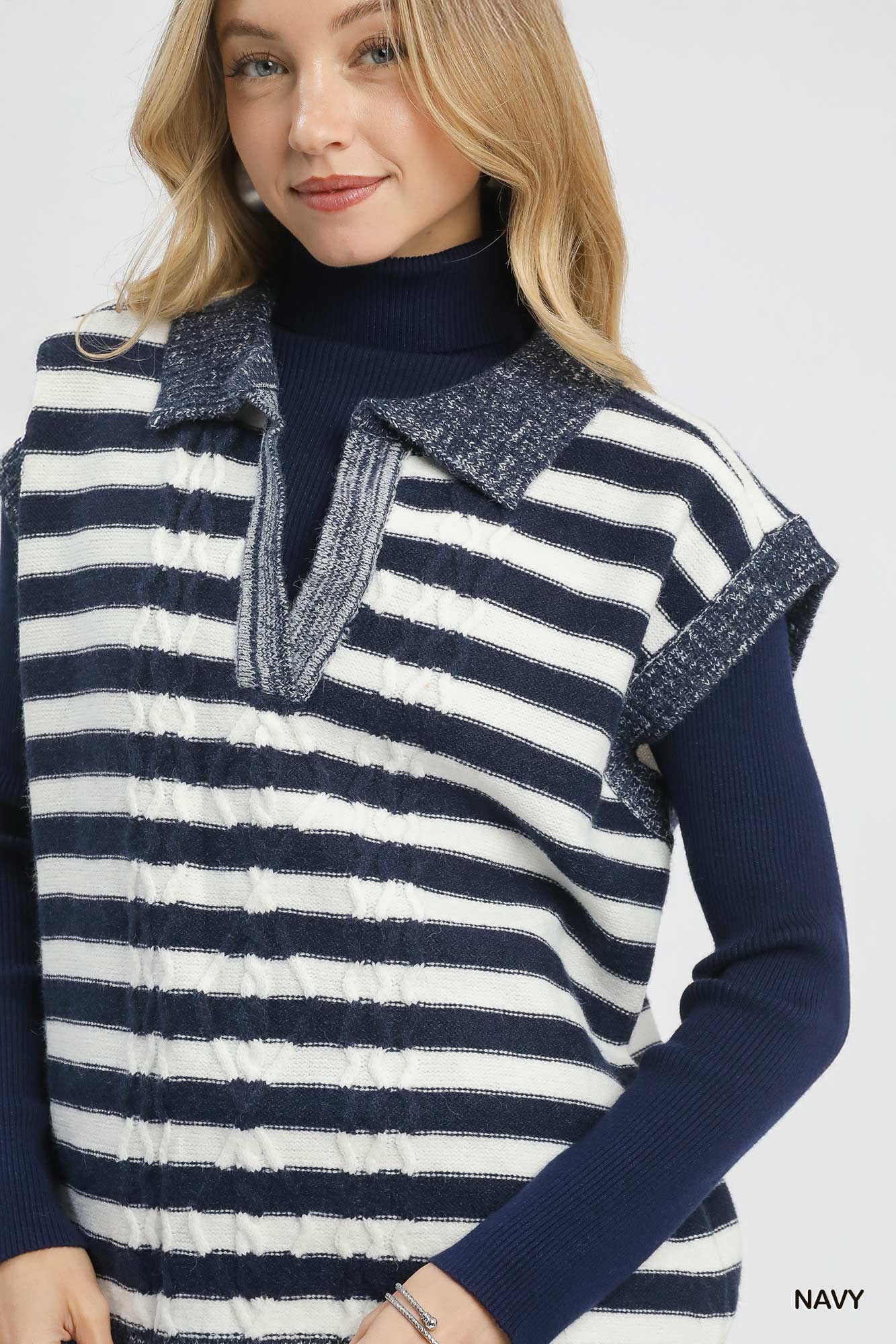 Cable Knit Collared Striped Vest Sweater, image 6