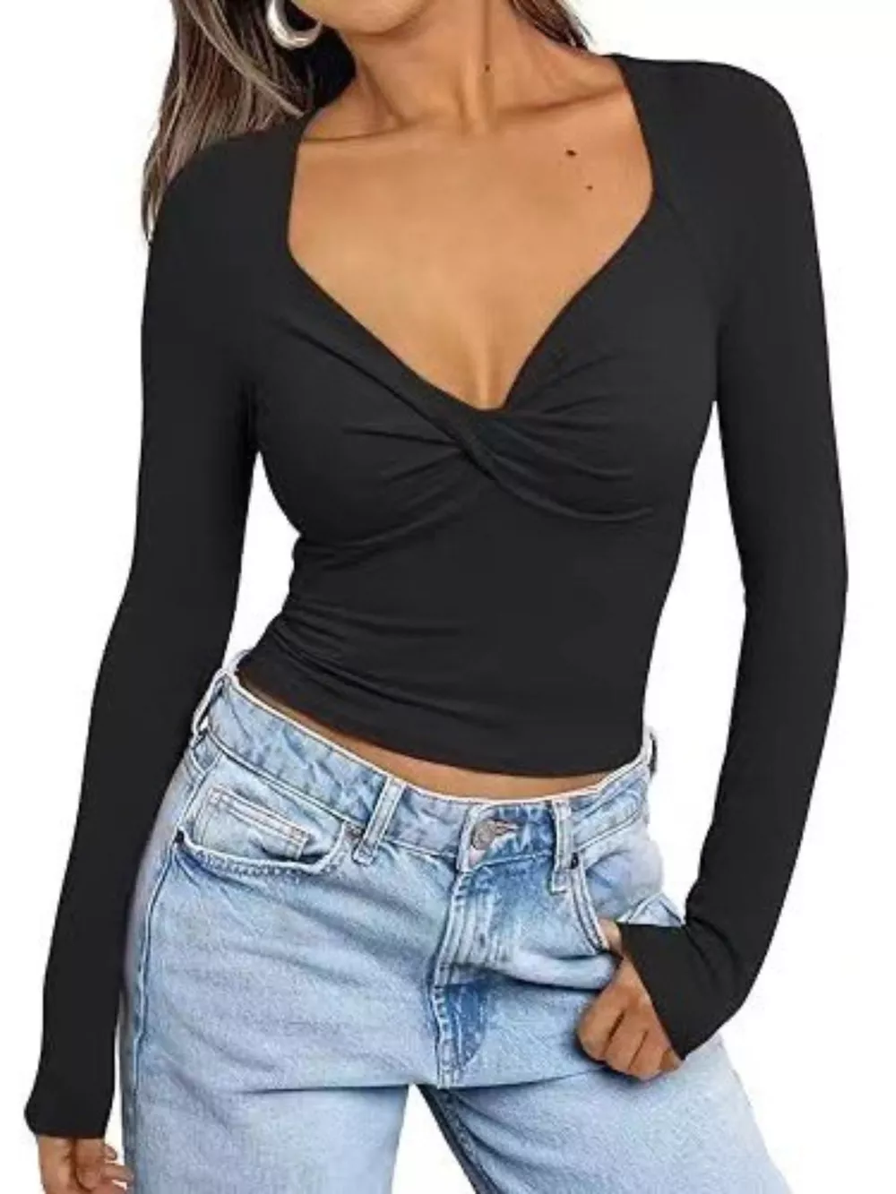 Twist Front Long Sleeve Fitted T-Shirt, image 3