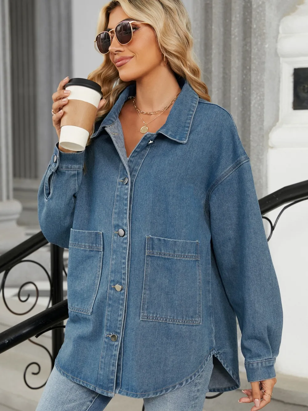 Removable Hood Button Up Long Sleeve Denim Jacket, image 8