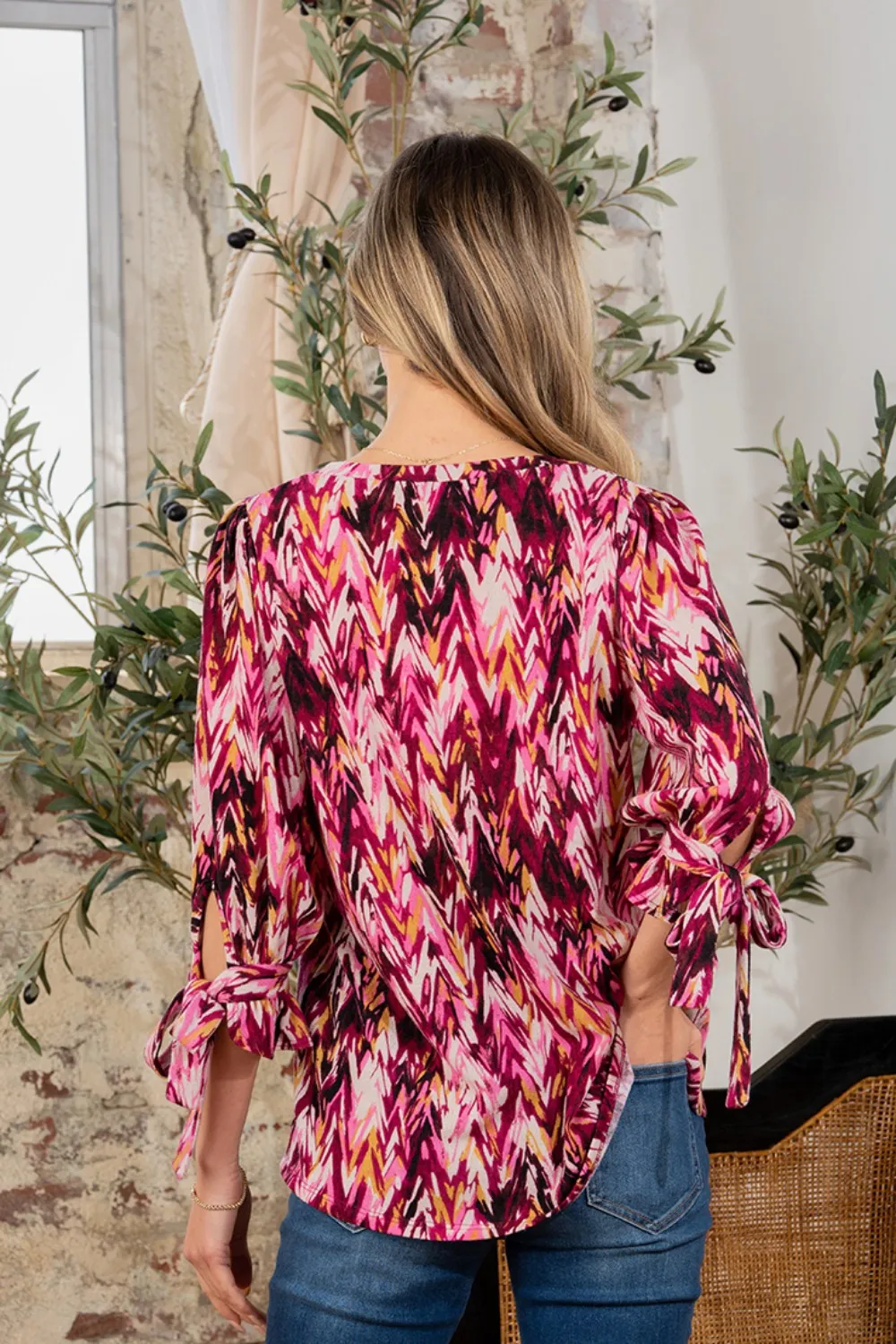 Full Size Printed V-Neck Blouse with Sleeve Knot, image 2