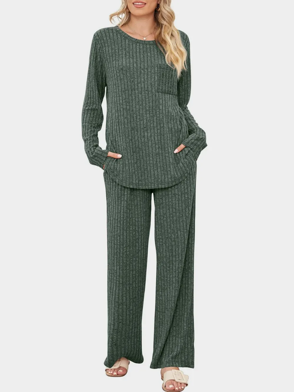 Round Neck Long Sleeve Top and Pants Set, image 18