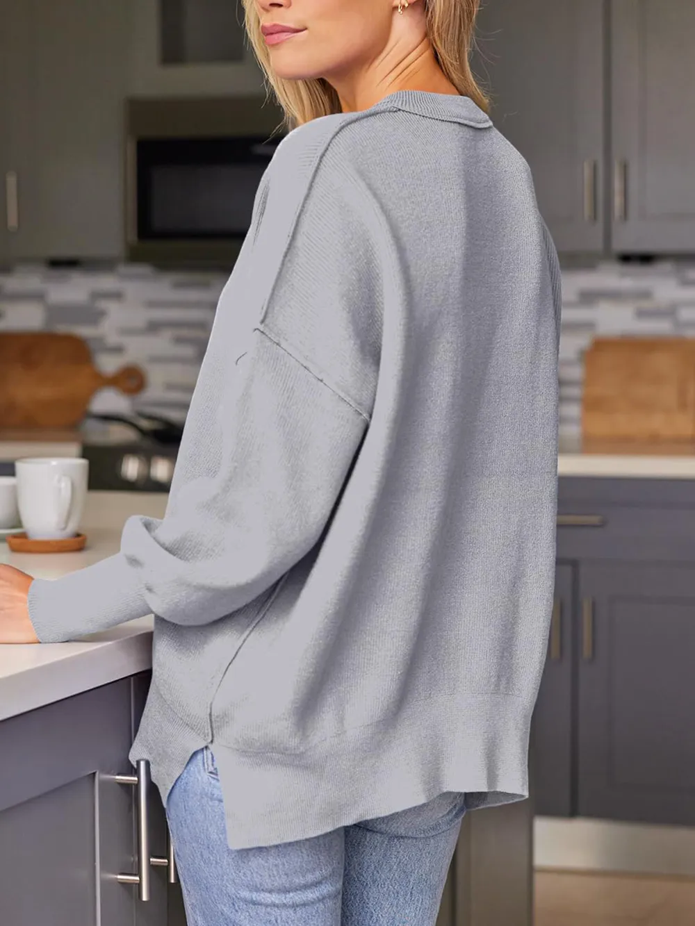 Slit Round Neck Dropped Shoulder Sweater, image 21