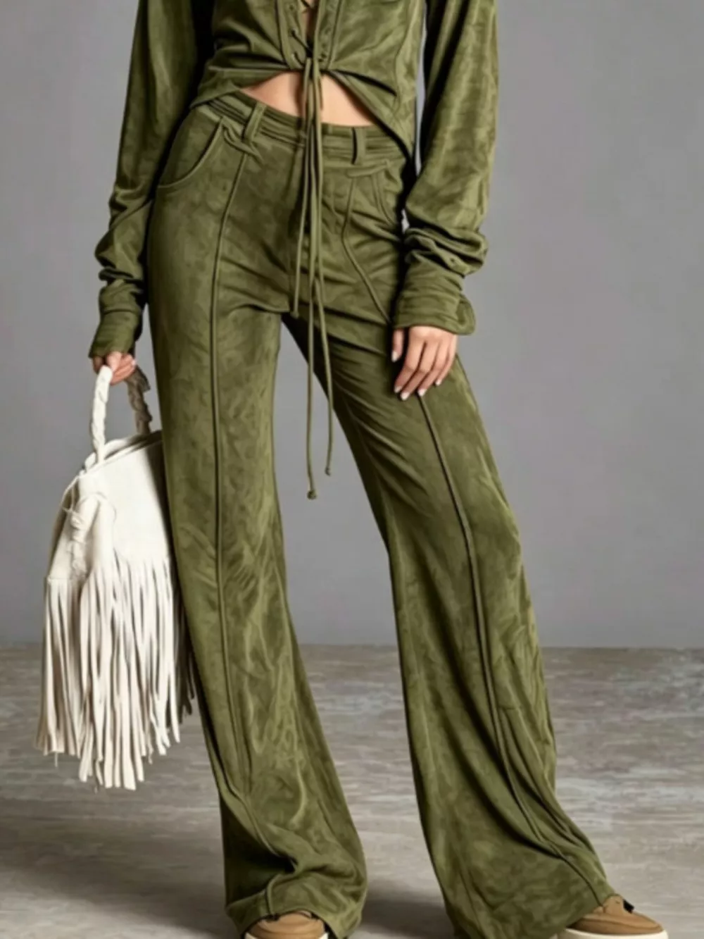 Full Size Lace-Up Long Sleeve Top and Wide-Leg Pants Set Plus Size, image 2