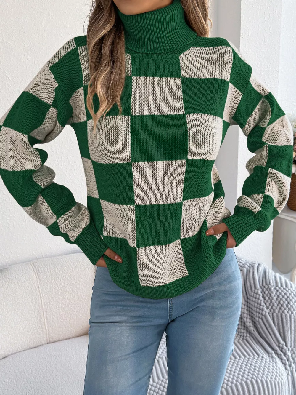 Checkered Turtleneck Long Sleeve Sweater, image 7