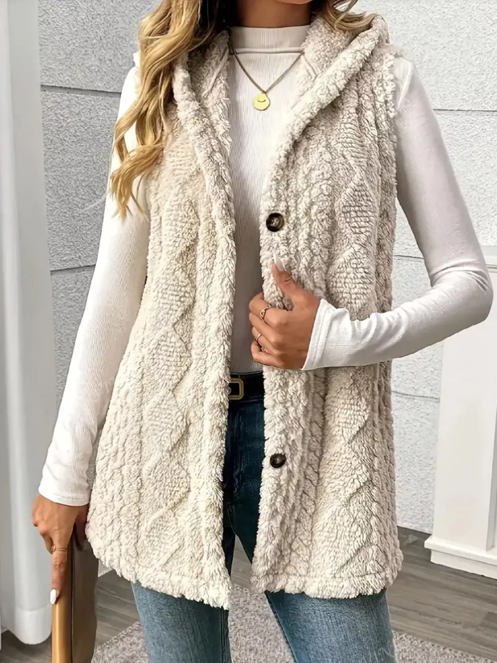 Button Up Plush Hooded Vest Coat