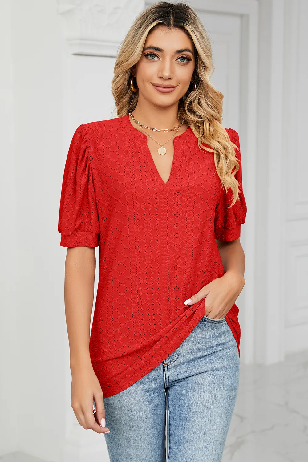Eyelet Notched Short Sleeve T-Shirt, image 5