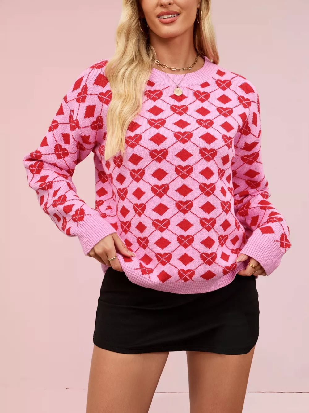 Heart & Diamond Pattern Long Sleeve Sweater, image 5