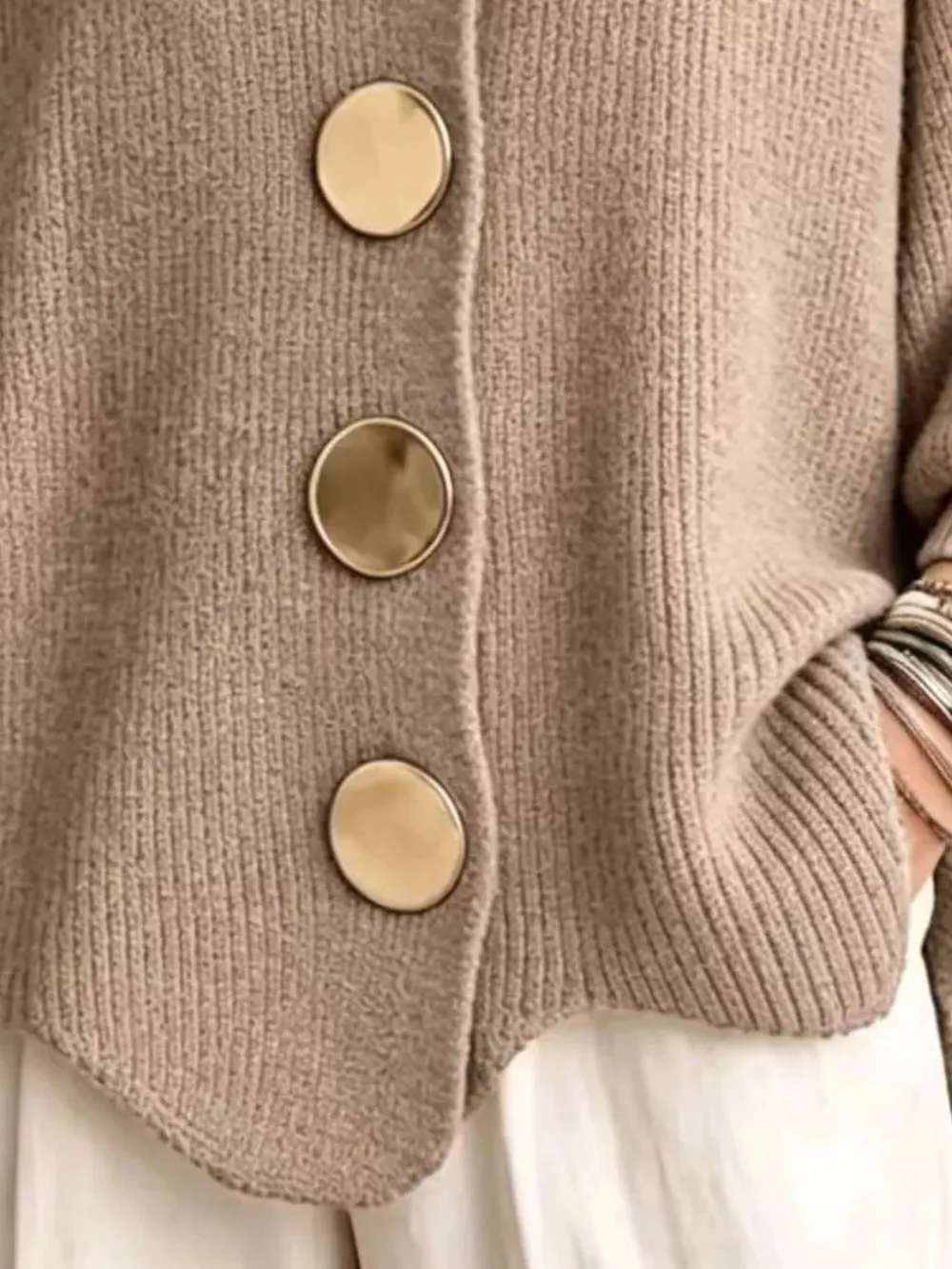 Full Size Gold Buttons Lantern Sleeve Cardigan Plus Size, image 27