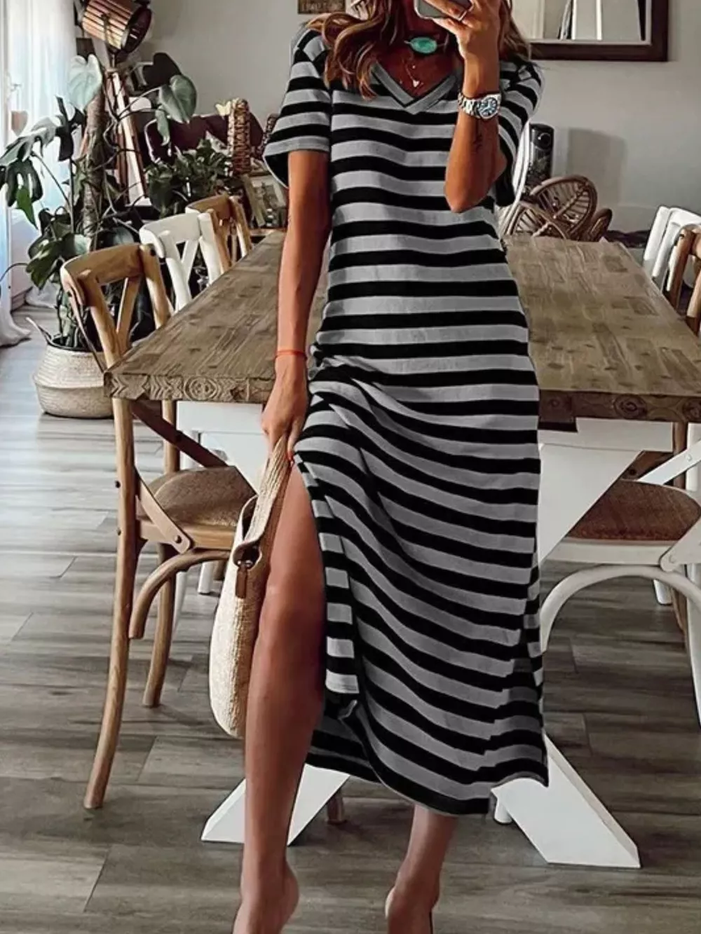 Full Size Striped V-Neck Midi Dress with Side Slit Plus Size, image 7