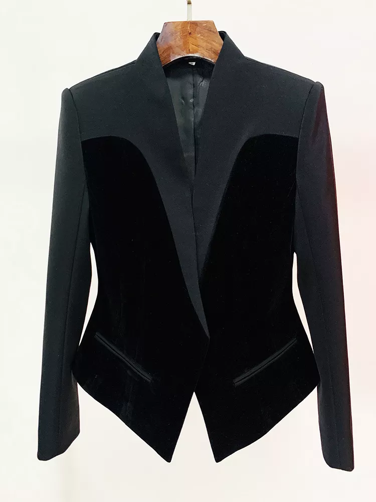 Velvet-Paneled Blazer with Stand-Up Collar, image 2