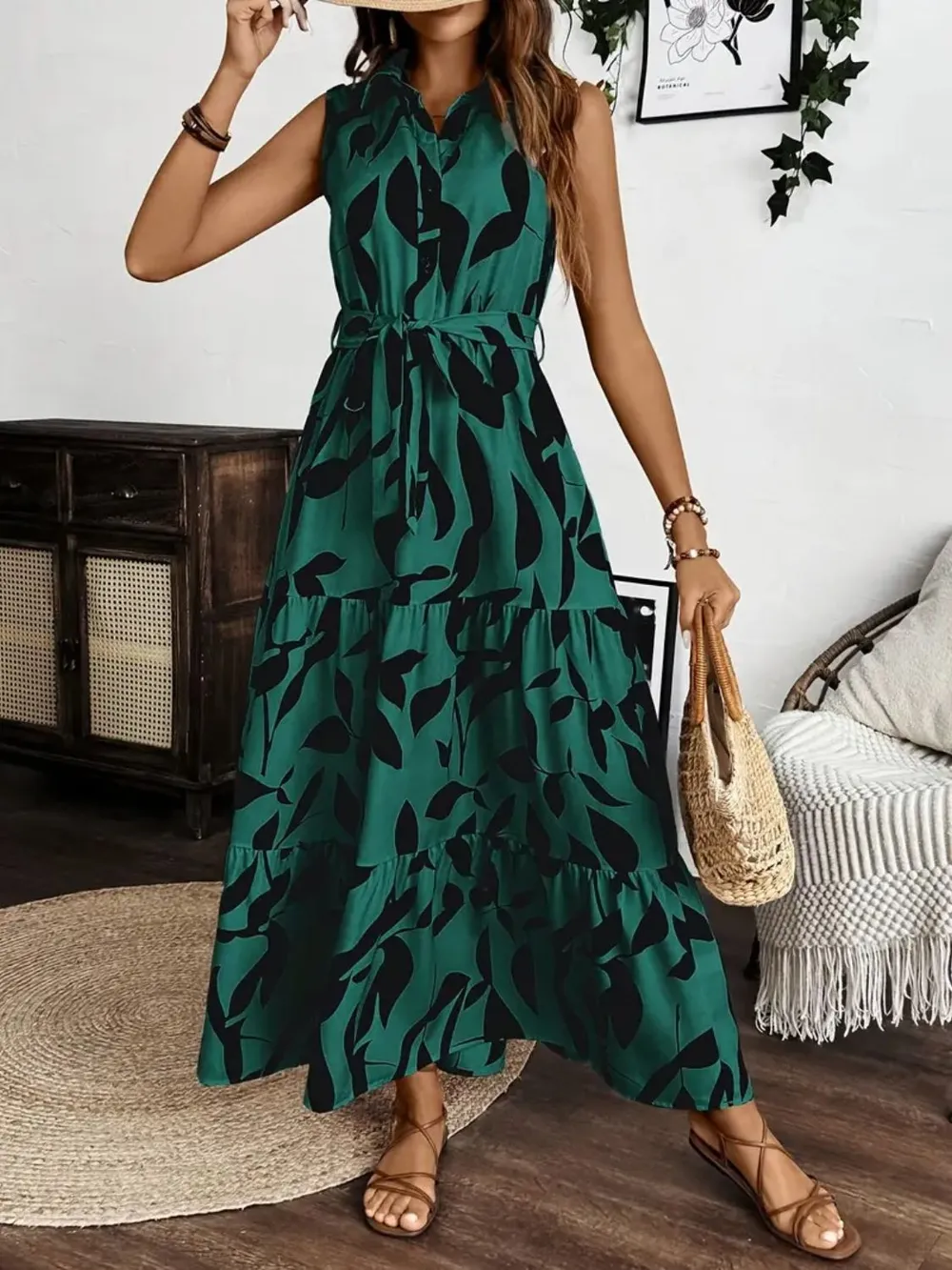Printed Tie Waist Sleeveless Maxi Dress, image 13