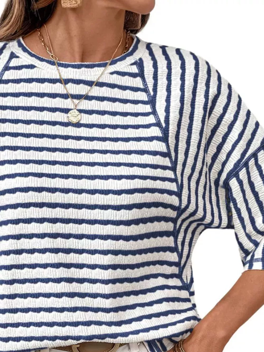 Casual Striped Raglan Sleeve Textured T-Shirt, image 14