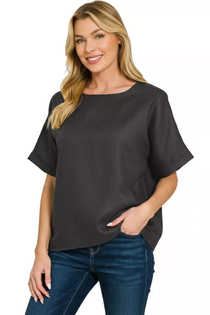 Linen Round Neck Cuffed Sleeve Top, image 3