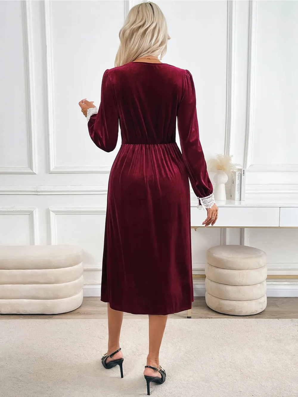 Lace Detail V-Neck Long Sleeve Midi Dress, image 6
