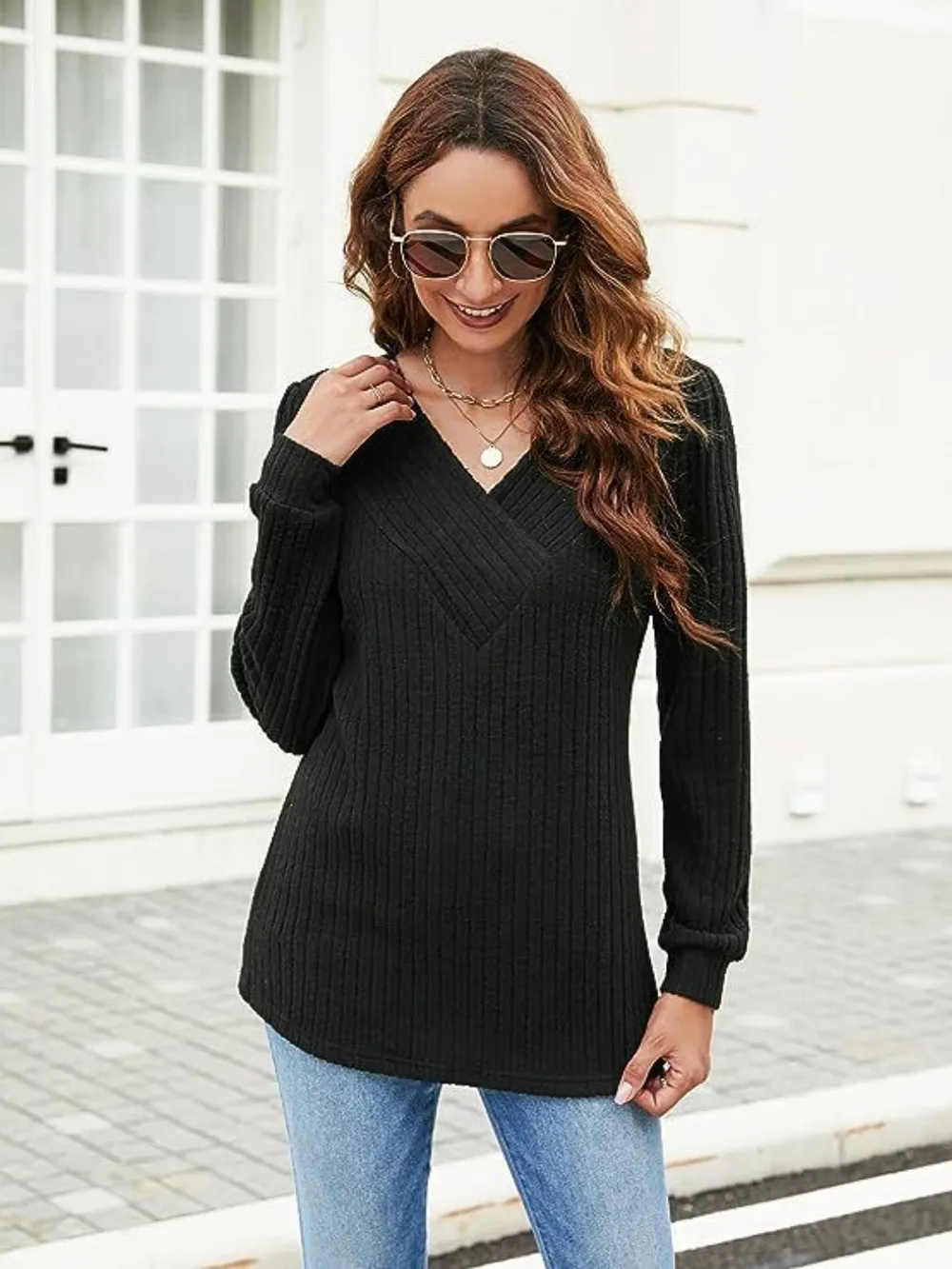 Ribbed Surplice Long Sleeve T-Shirt, image 3